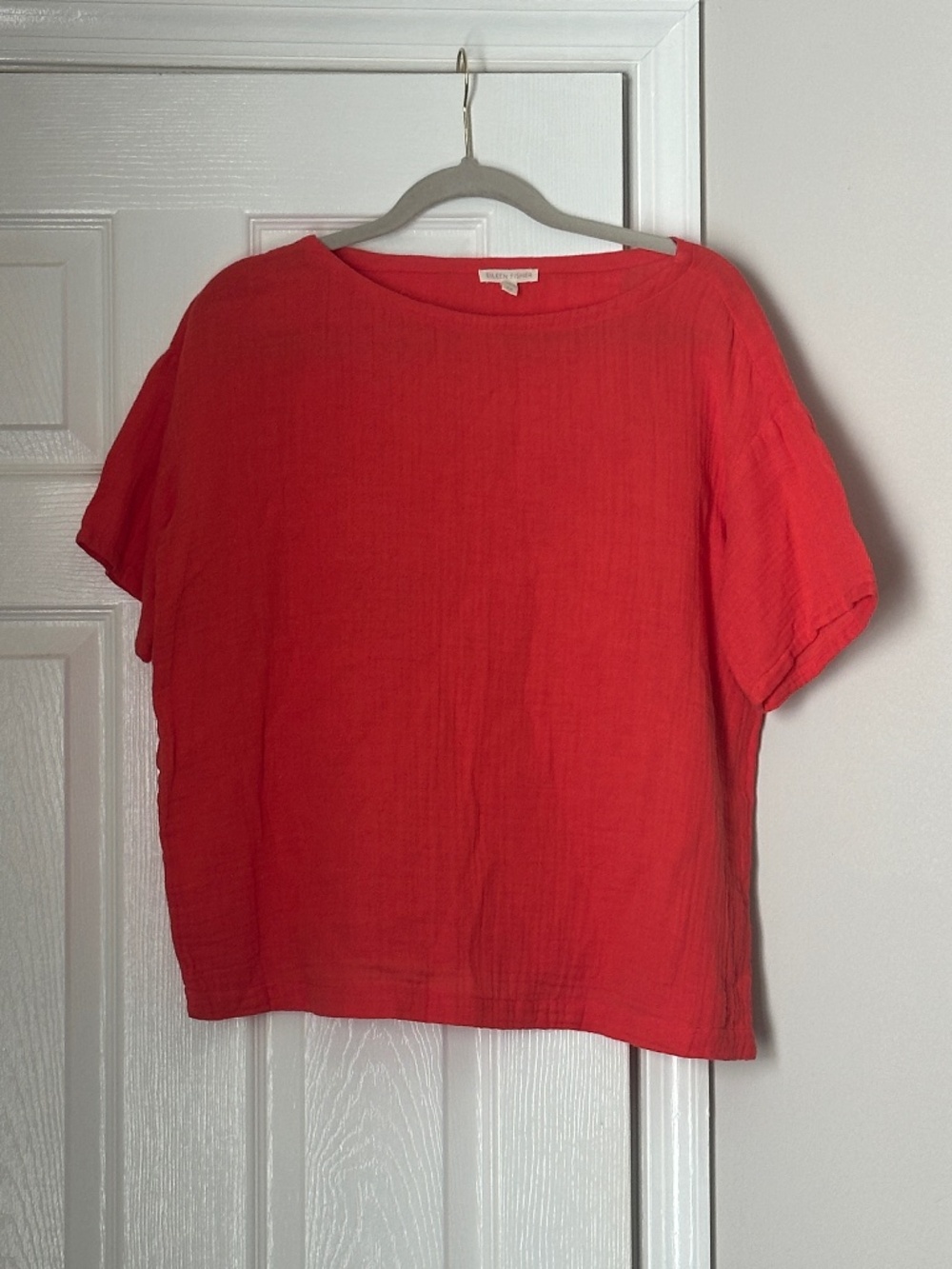 Eileen Fisher Coral Red Short Sleeve Organic Cotton Boxy Tunic Size Small Boat